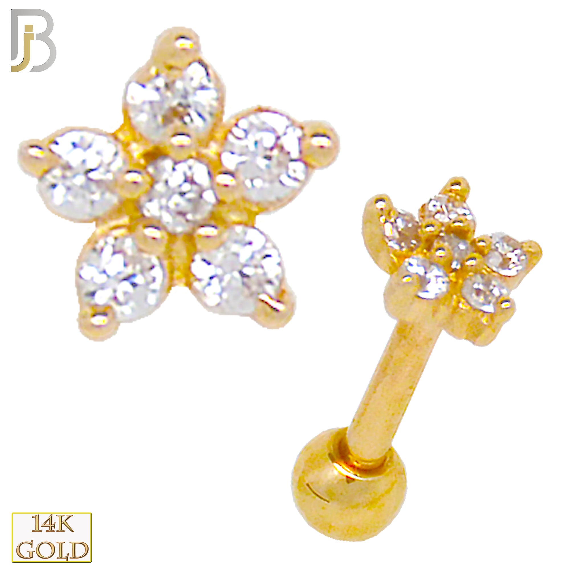 14-TB09 - 14k Solid Gold Star Shape Flower Design Tragus Barbell Cartilage Earrings Piercing Screw Ball - Yellow Gold image