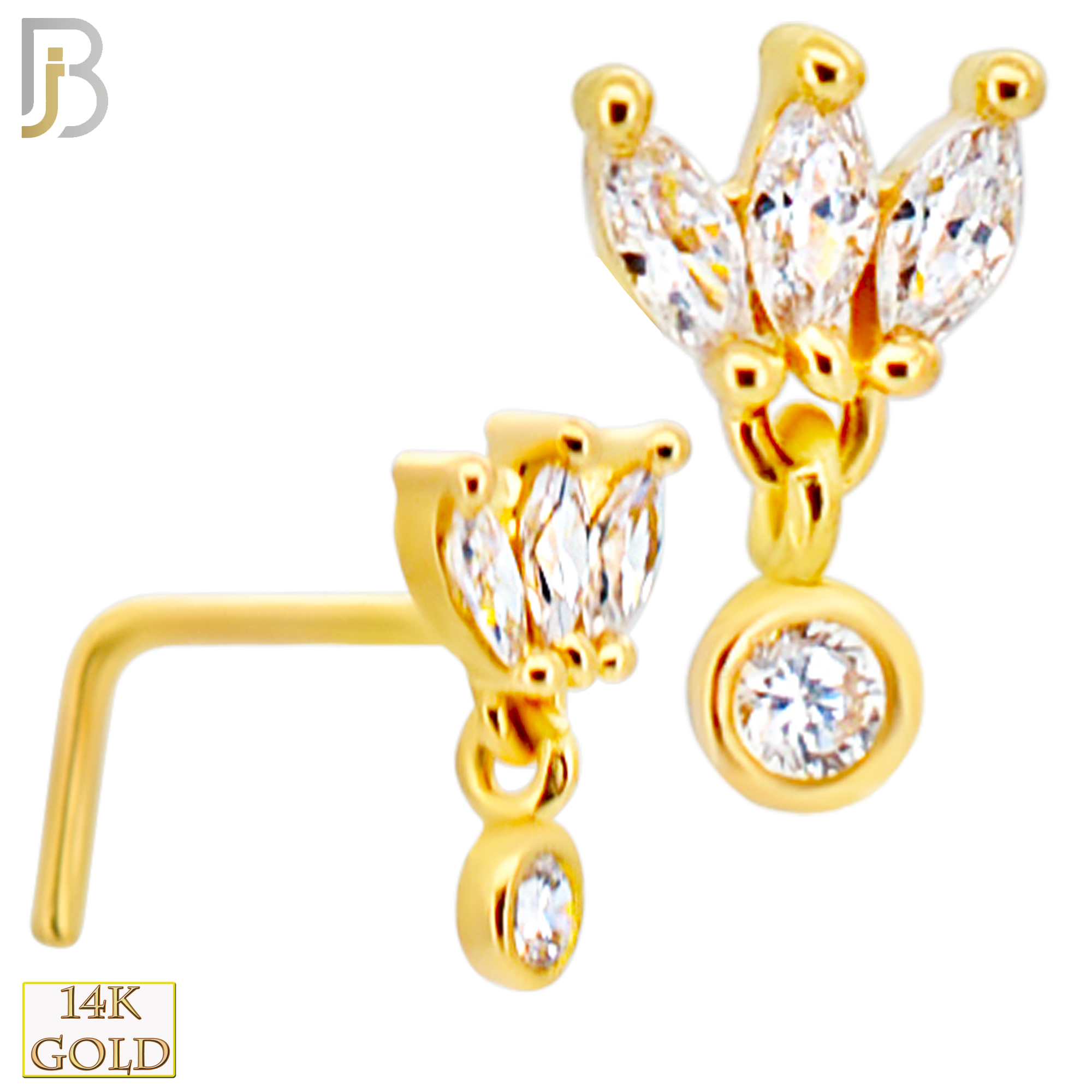 14-NR75L - 14k Gold L-Shaped Nose Ring with Three Petal Marquise Shaped CZs with Dangling Round CZ image 0