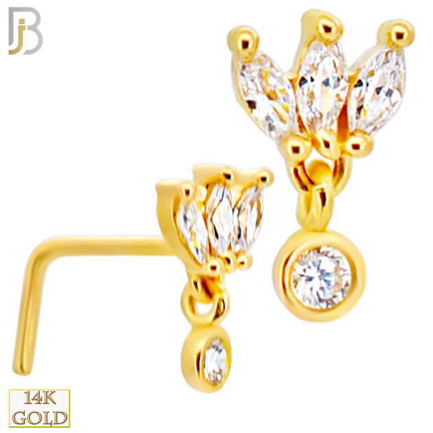 14-NR75L - 14k Gold L-Shaped Nose Ring with Three Petal Marquise Shaped CZs with Dangling Round CZ image 0