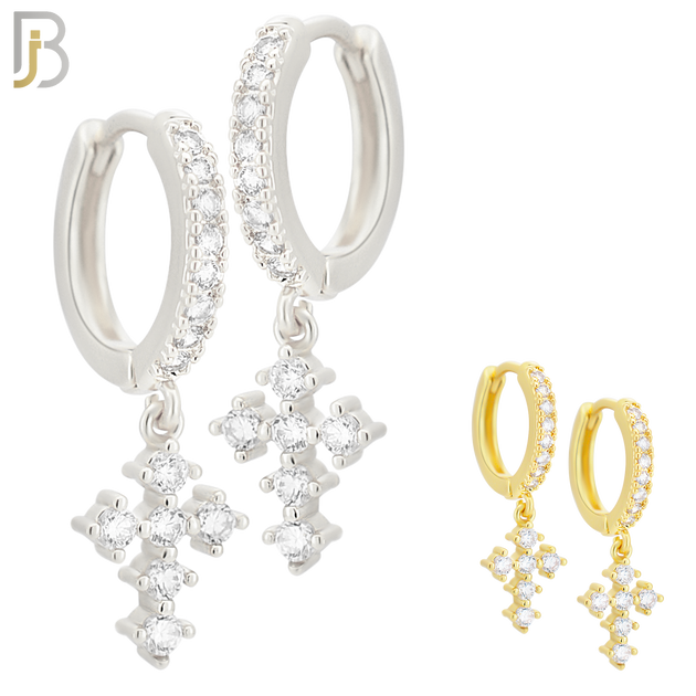 ES115 - 316L Stainless Steel Dangling Cross with Zircon Huggies Clip On image 0