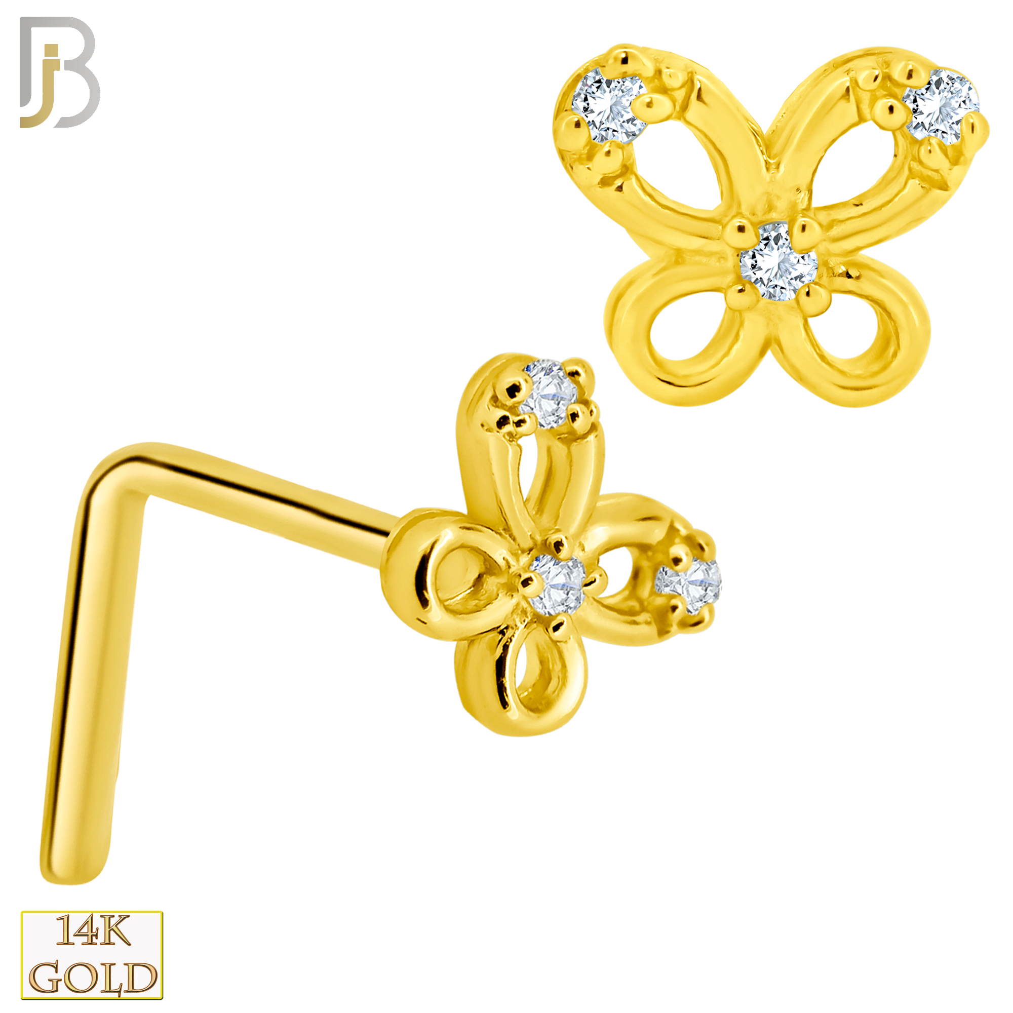 14-NR100L - 14K Solid Gold Butterfly LShape Nose Ring with Cubic Zirconia image 0