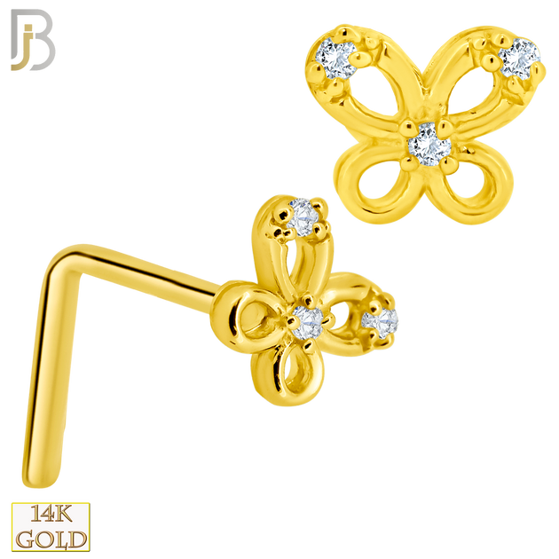 14-NR100L - 14K Solid Gold Butterfly LShape Nose Ring with Cubic Zirconia image 0