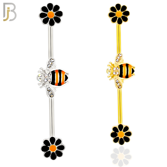 BB20 - 316L Surgical Steel Screw Bar Bee with Flower Design with Zircon Barbell Industrial (PACK OF 4) image 0