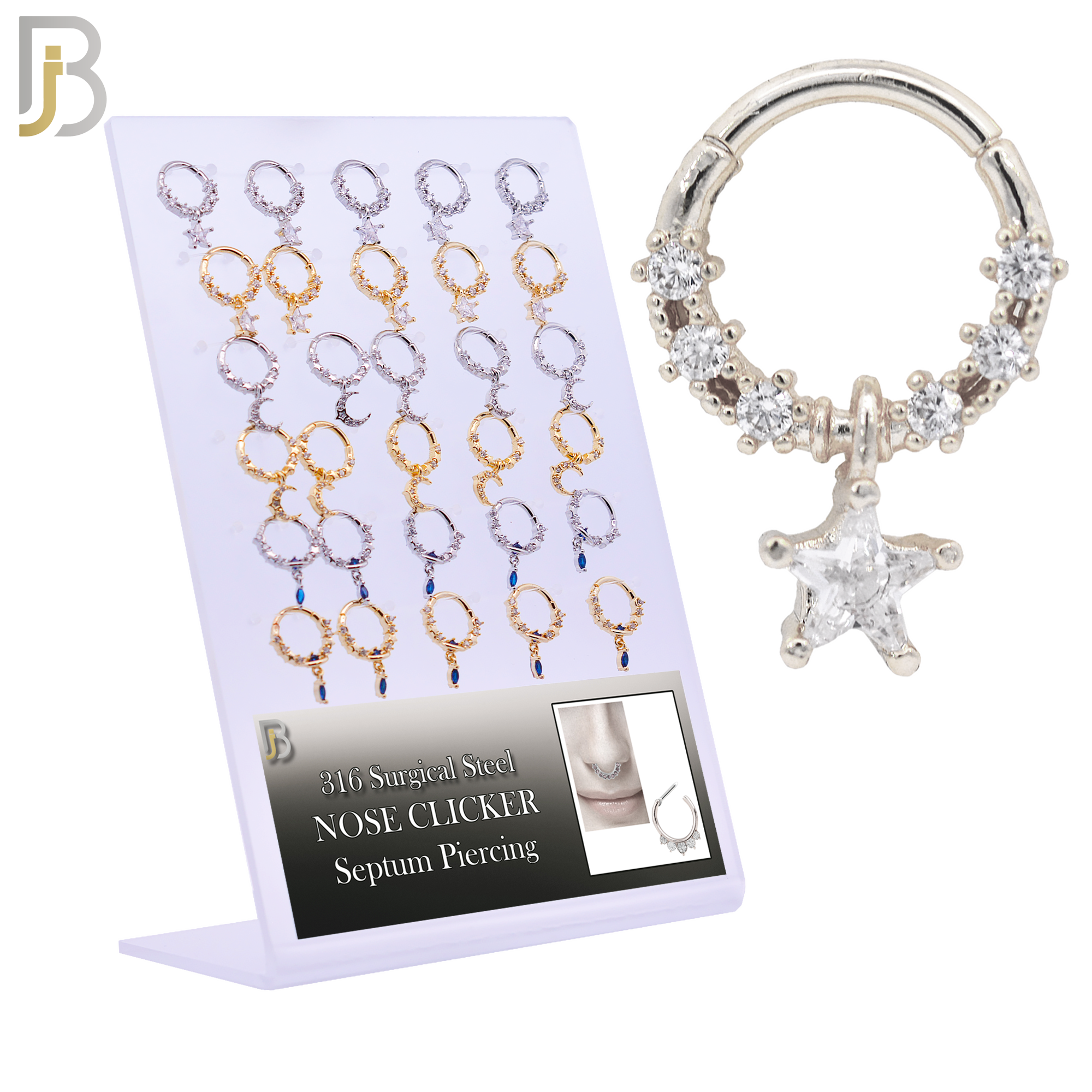 PK-CT106 - 316 Surgical Steel Hinged Nose Hoops with Mixed Dangling Designs - Pack of 30 image 0