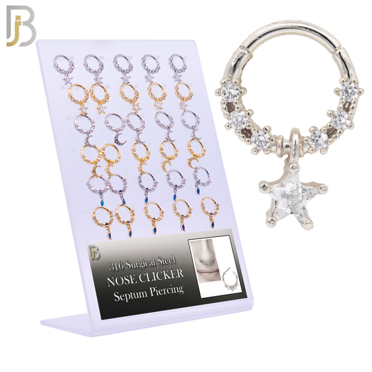 PK-CT106 - 316 Surgical Steel Hinged Nose Hoops with Mixed Dangling Designs - Pack of 30 image 0