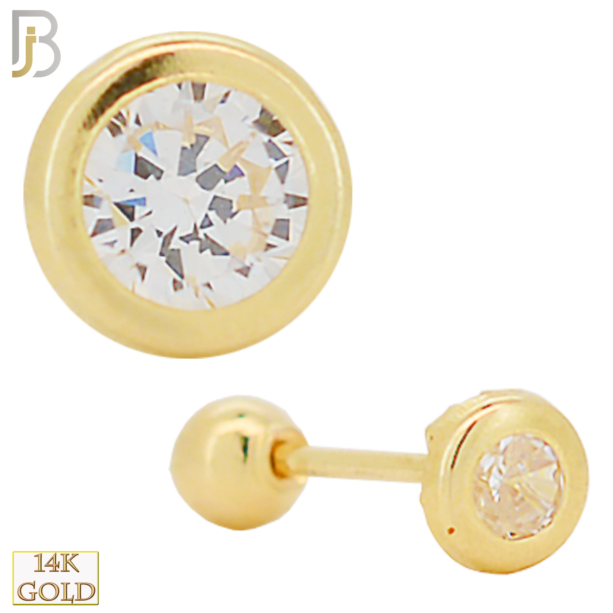 14-ES36YC - 14k Solid Gold Screw Ball Back Round Shape Design Zircon in Bezel Setting Earring Stud image 0