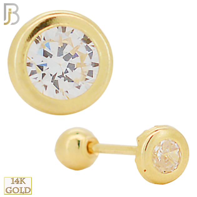 14-ES36YC - 14k Solid Gold Screw Ball Back Round Shape Design Zircon in Bezel Setting Earring Stud image 0