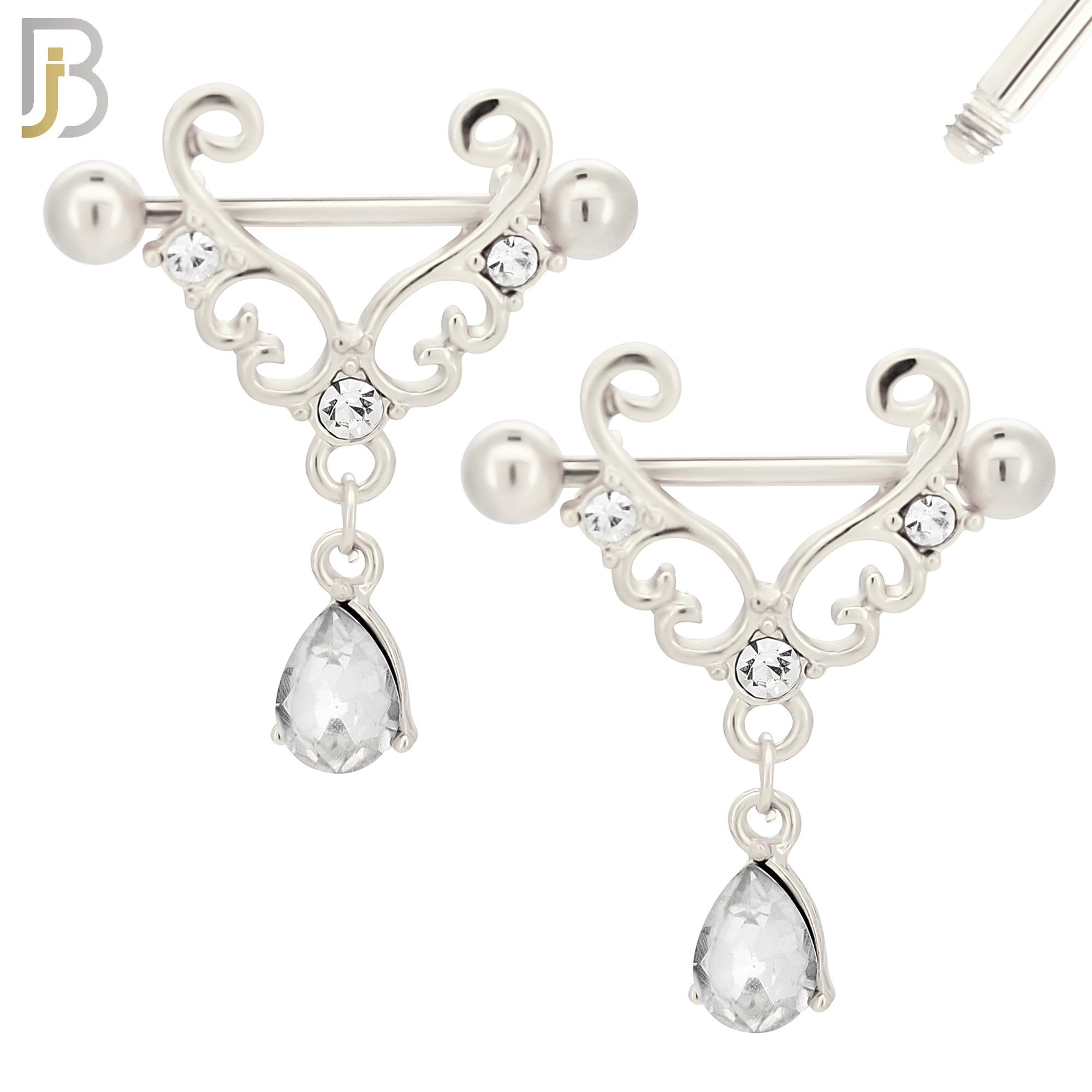 NP40 - 316L Surgical Steel Screw Shield Barbell with Alloy Tribal with Teardrop Dangling CZ Design Pair image 1