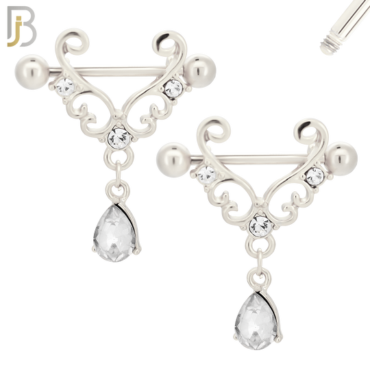 NP40 - 316L Surgical Steel Screw Shield Barbell with Alloy Tribal with Teardrop Dangling CZ Design Pair image 1