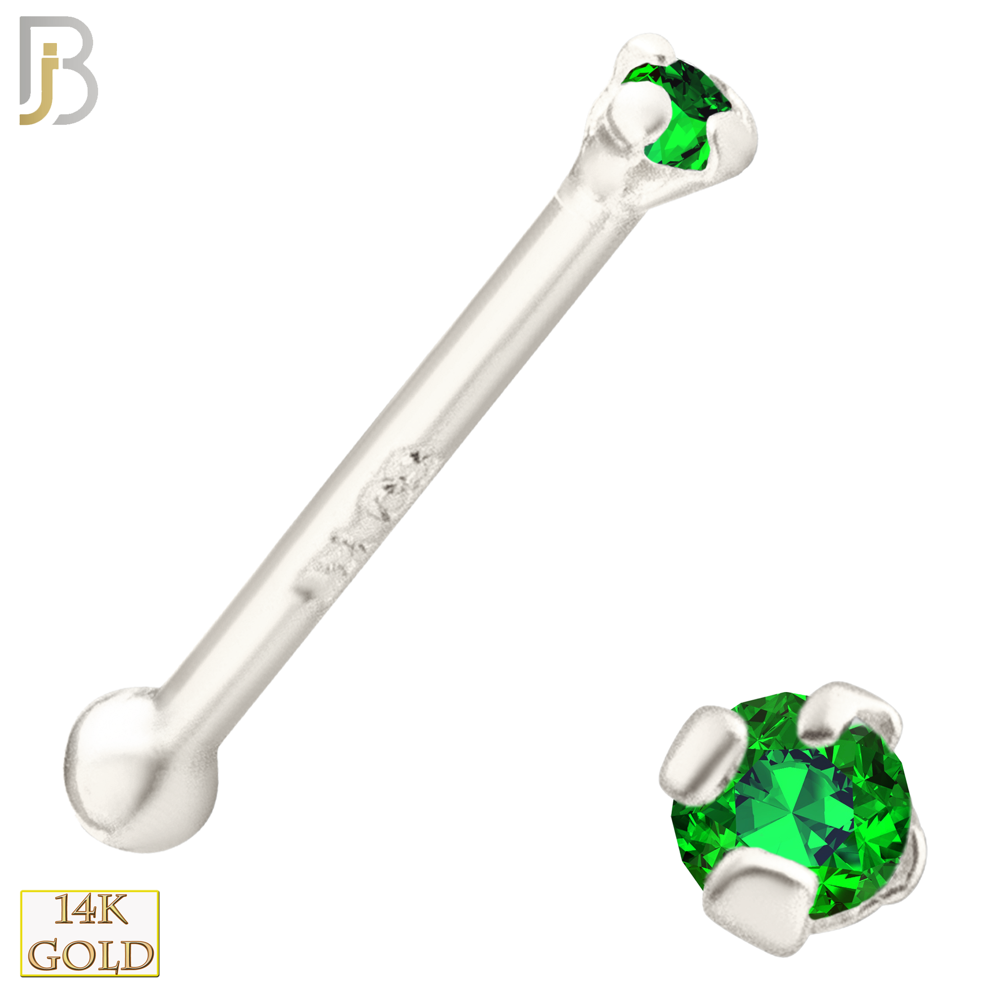 14-NR01CWE - 20g 14k White Gold Nose Bone with Emerald Colored CZ - 1.5mm image