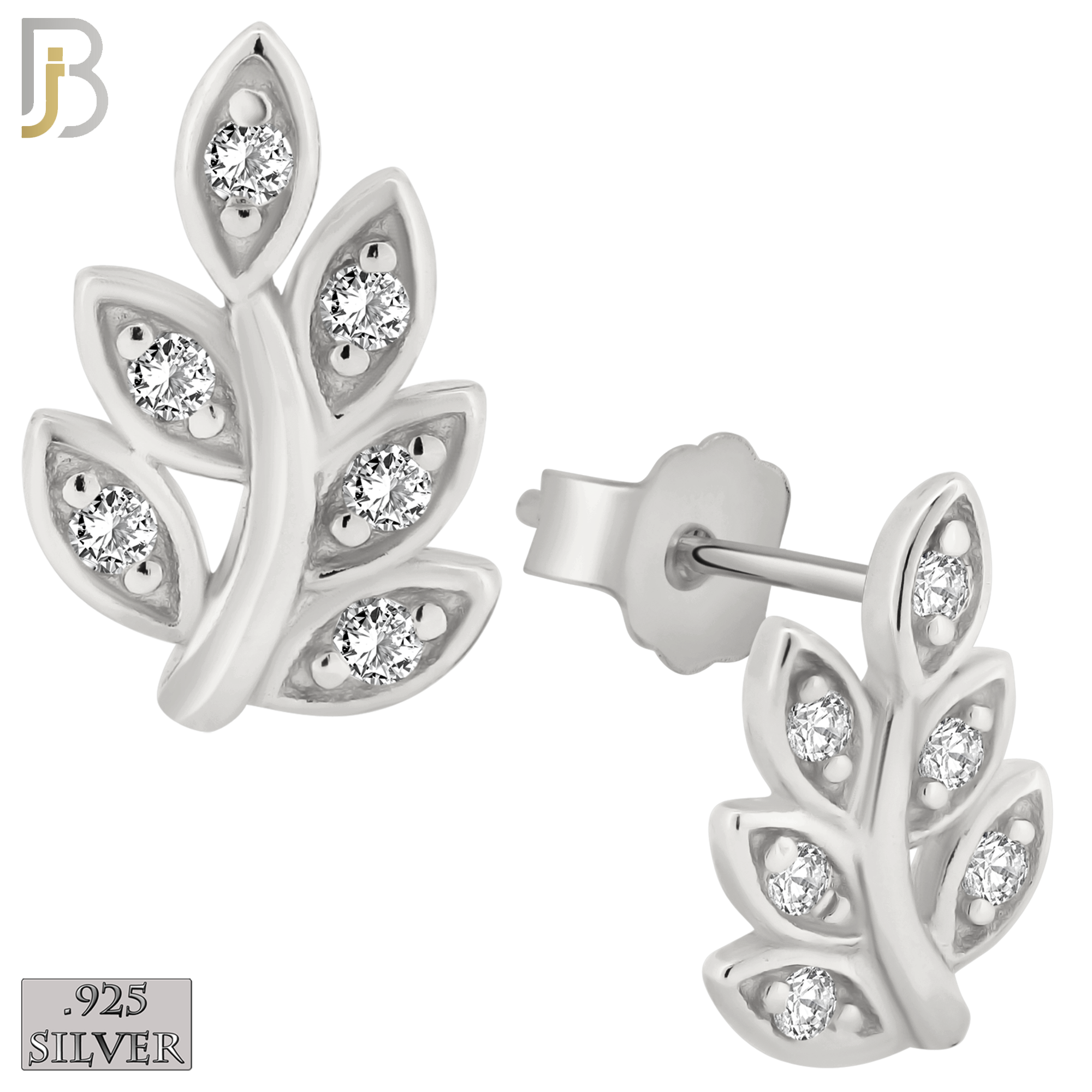 925-ES147 - .925 Sterling Silver Leaf Design with Zircon Design Earring Stud image 1