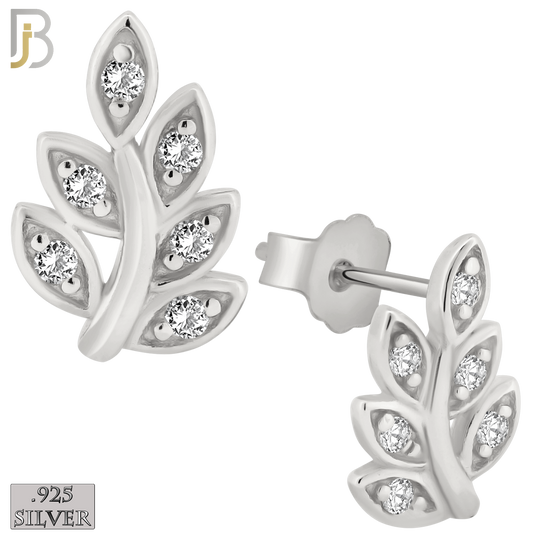 925-ES147 - .925 Sterling Silver Leaf Design with Zircon Design Earring Stud image 1