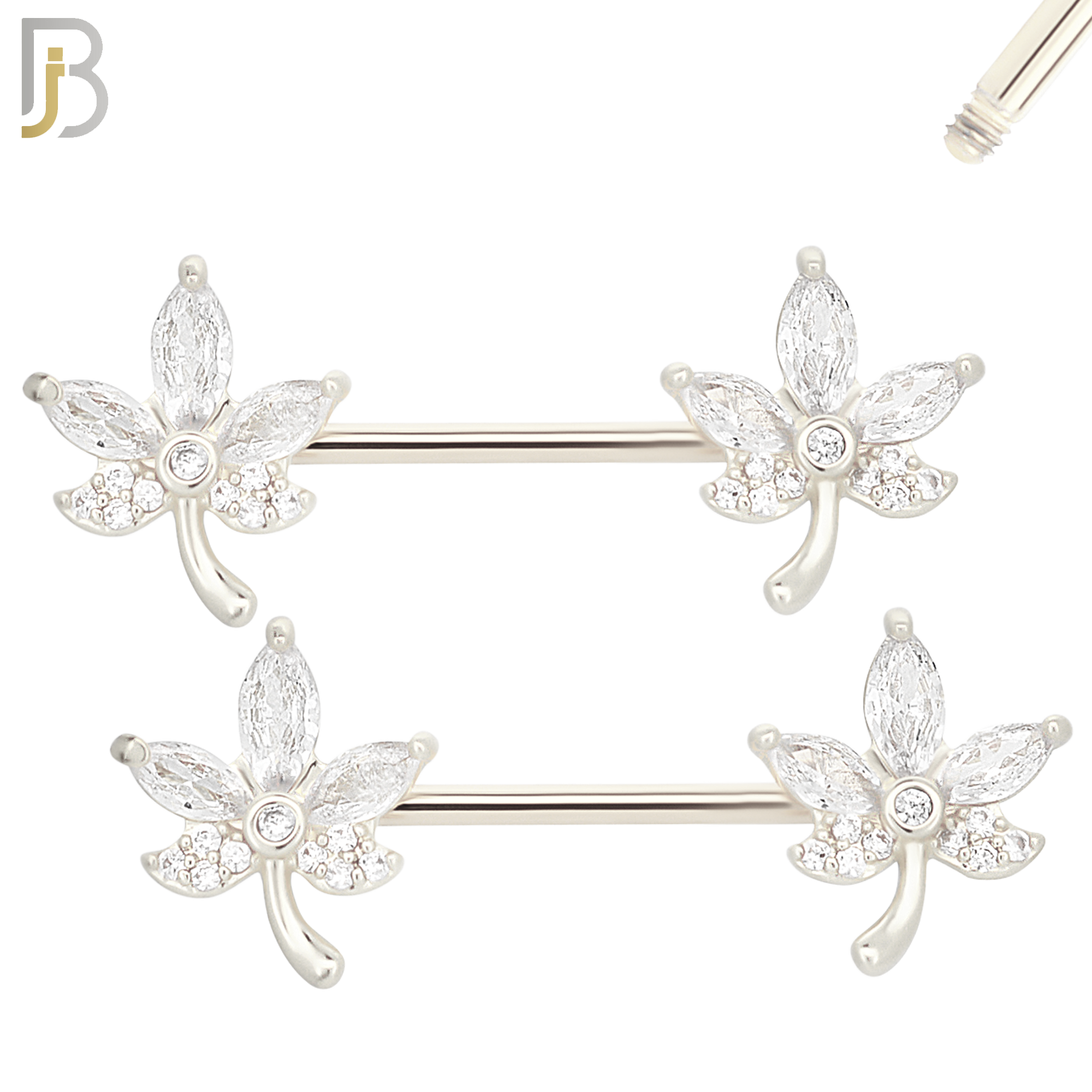 NP63- 316L Surgical Steel Leaf with CZ Design Externally Threaded Nipple Rings (Sold as Pair) image 1