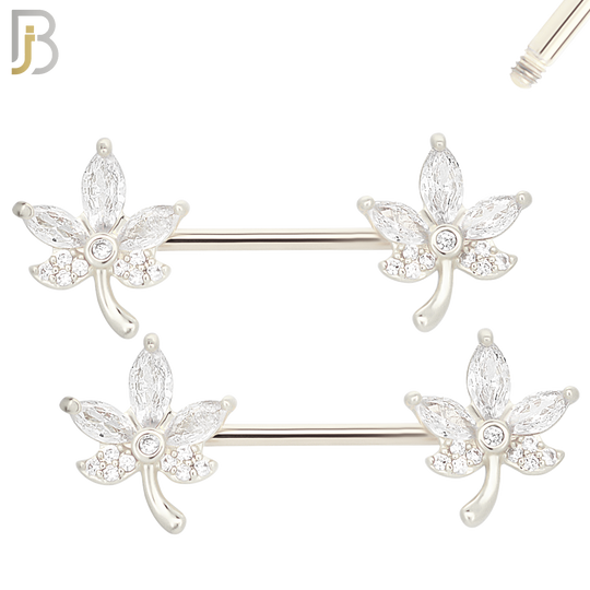 NP63- 316L Surgical Steel Leaf with CZ Design Externally Threaded Nipple Rings (Sold as Pair) image 1
