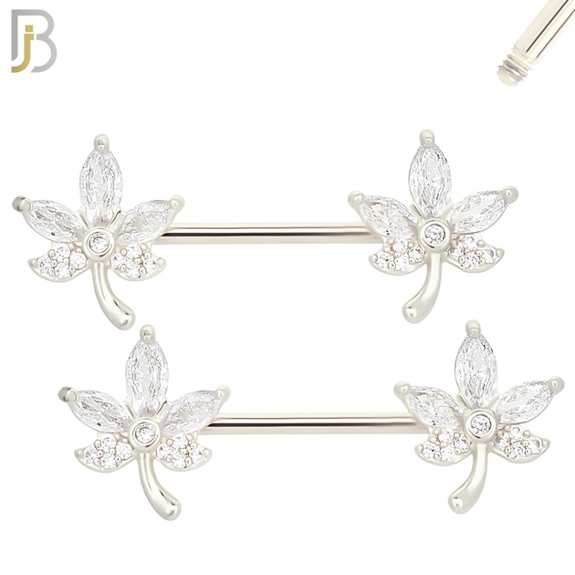 NP63- 316L Surgical Steel Leaf with CZ Design Externally Threaded Nipple Rings (Sold as Pair) image 1