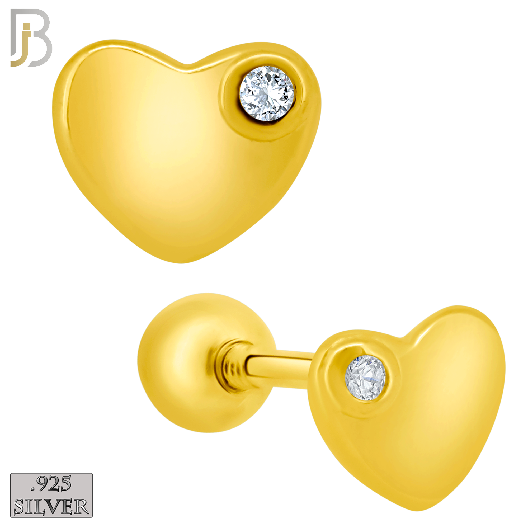 925-ES211 - Screw Ball Back - .925 Sterling Silver Plain Heart Shaped Earring Stud with Single Clear Zircon image 2