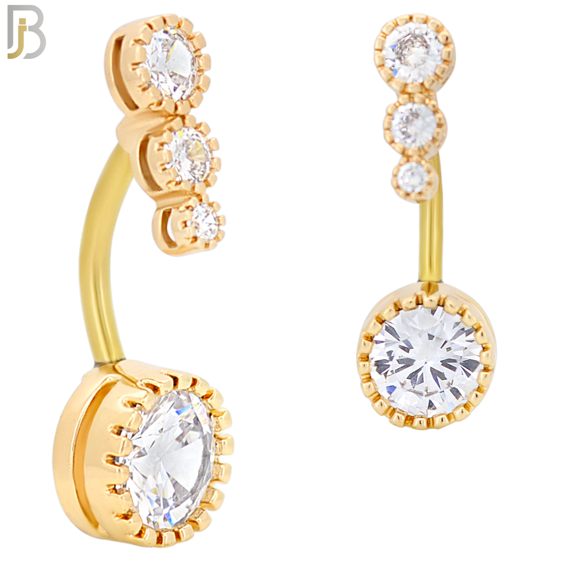 NB63 - 316L Stainless Steel Round Zircon Belly Ring with Triple Round CZ Tail image 2