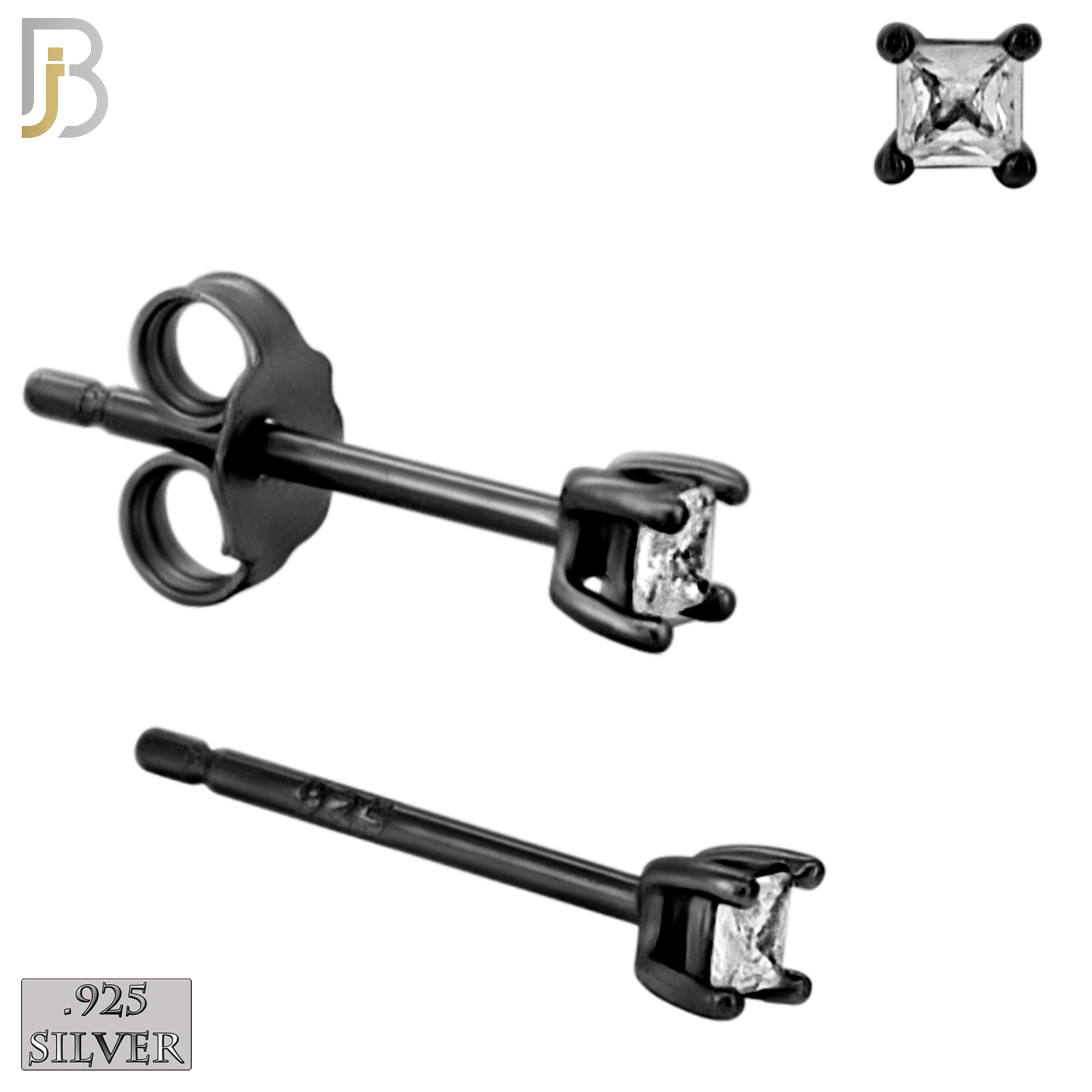 925-ES72-KC - .925 Sterling Silver Black Plated Earring Stud Casting Square Princess Cut Prong Setting Clear Zircon image 1