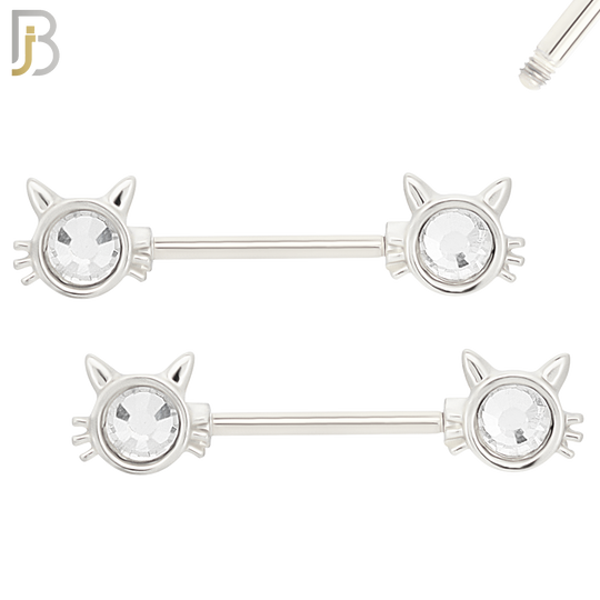 NP28 - 316L Surgical Steel Screw Cat Design with Zircon Nipple Ring Piercing  Pair image 1