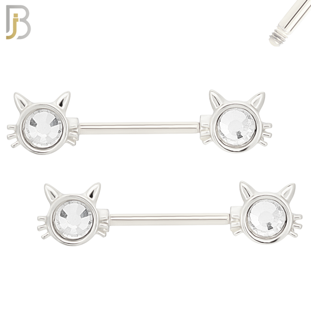 NP28 - 316L Surgical Steel Screw Cat Design with Zircon Nipple Ring Piercing  Pair image 1