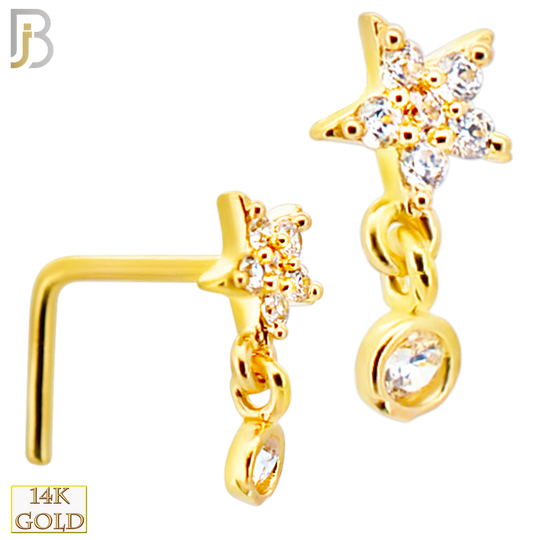14-NR112L- 14k Gold Studded Star with Dangling CZ in Bezel Setting L-Shape image 0