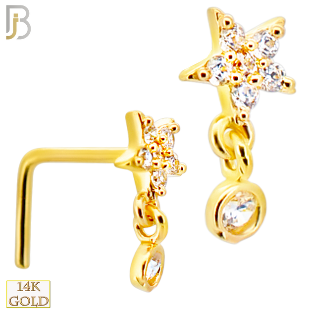 14-NR112L- 14k Gold Studded Star with Dangling CZ in Bezel Setting L-Shape image 0