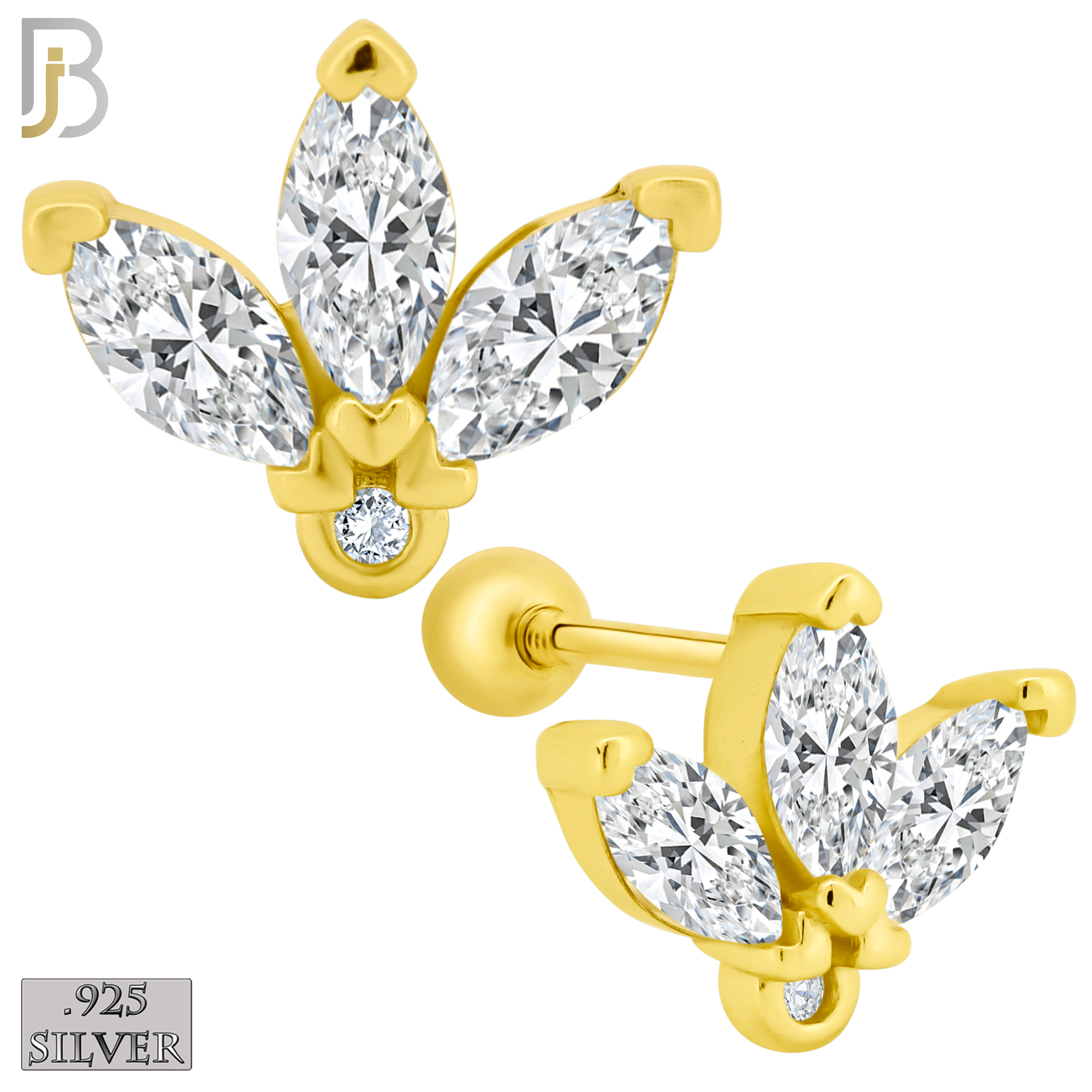 925-ES415 - Screw Ball Back - 925 Sterling Silver Three Leaf Stud Earrings image 1