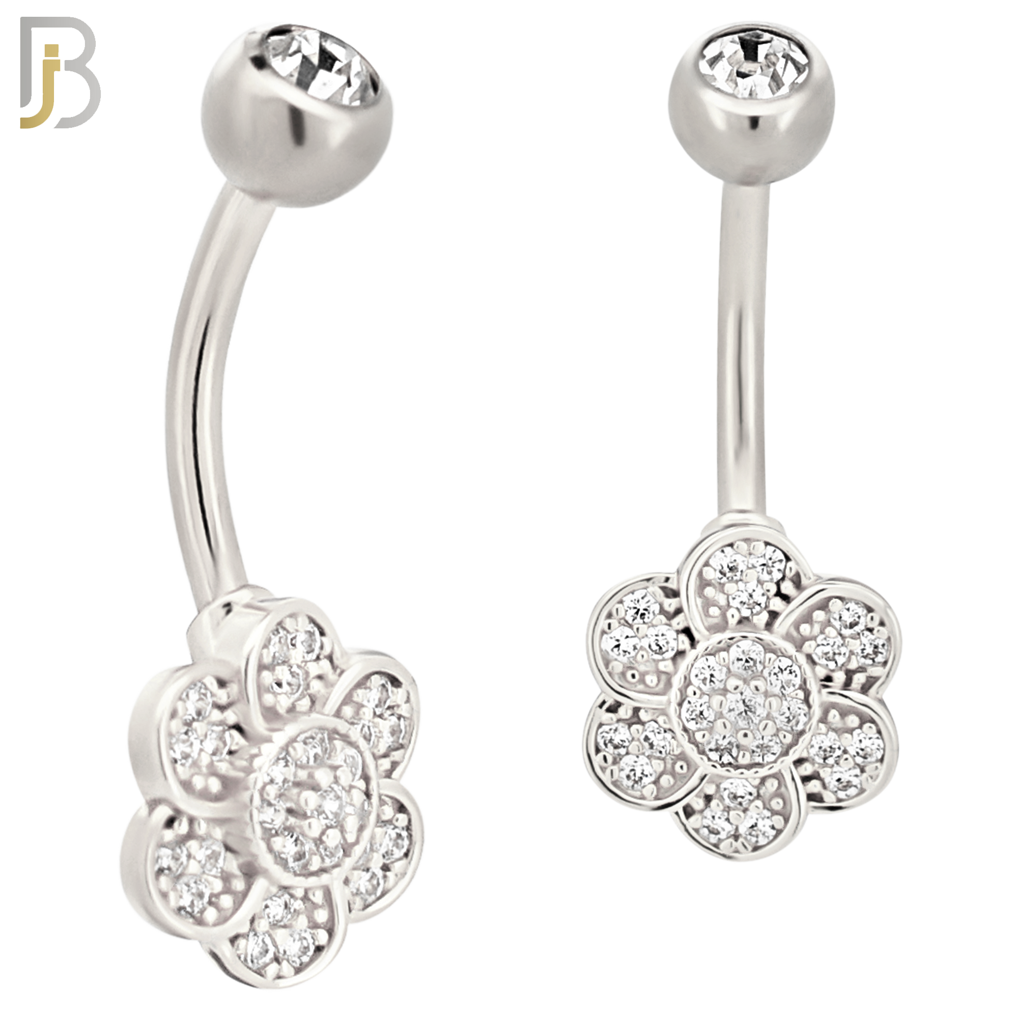 NB85 - 316L Stainless Steel Flower  Shaped CZ Banana Belly Ring and 5mm Screw Ball image 1