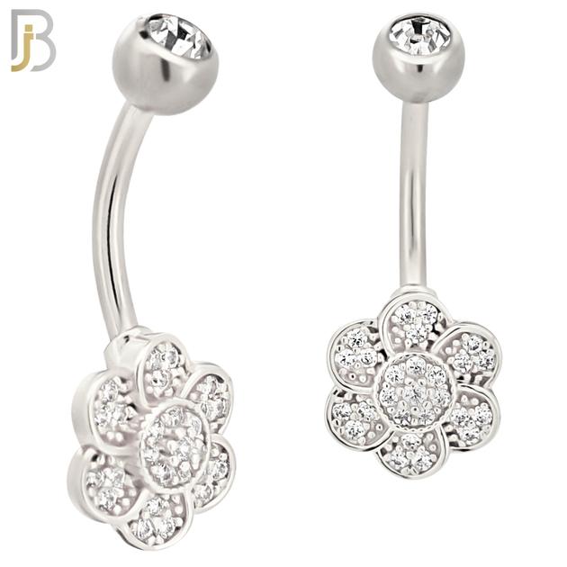 NB85 - 316L Stainless Steel Flower  Shaped CZ Banana Belly Ring and 5mm Screw Ball image 1