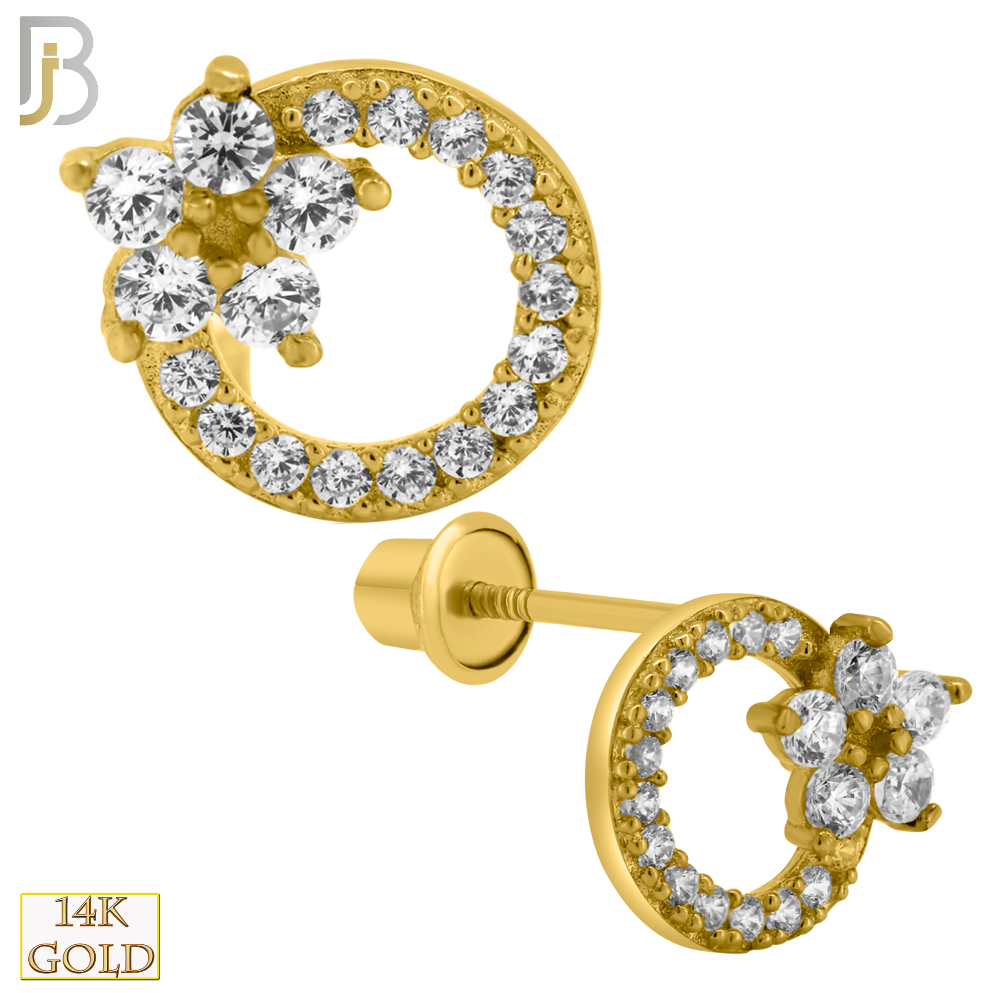 14-ES218 - 14k Solid Gold Round with Flower Design Earring Stud with Clear Zircon image 0