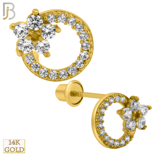 14-ES218 - 14k Solid Gold Round with Flower Design Earring Stud with Clear Zircon image 0