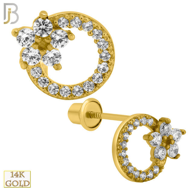 14-ES218 - 14k Solid Gold Round with Flower Design Earring Stud with Clear Zircon image 0