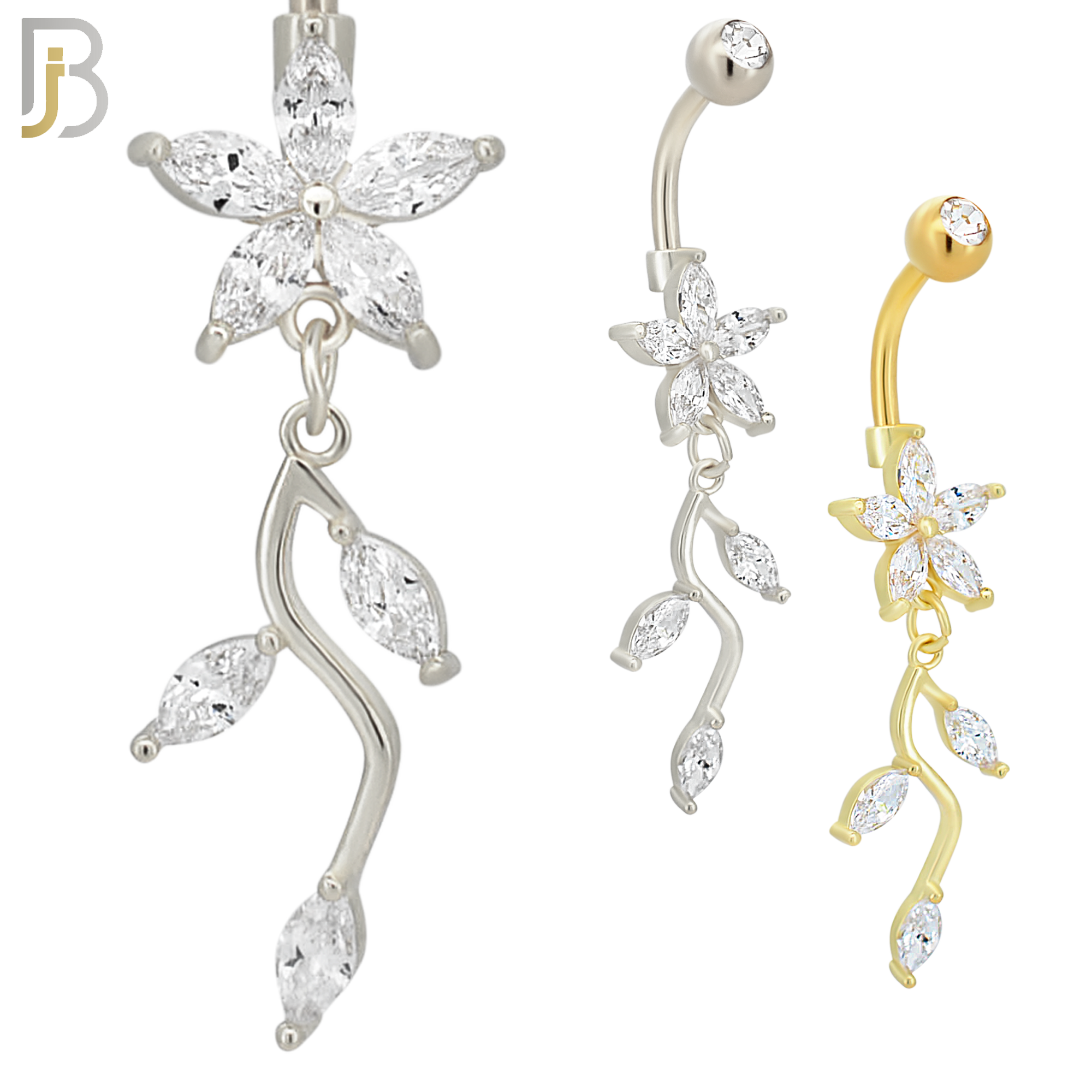 N0108  - 316L Stainless Steel Flower with Dangling Vine with Zircon Belly Ring image 0