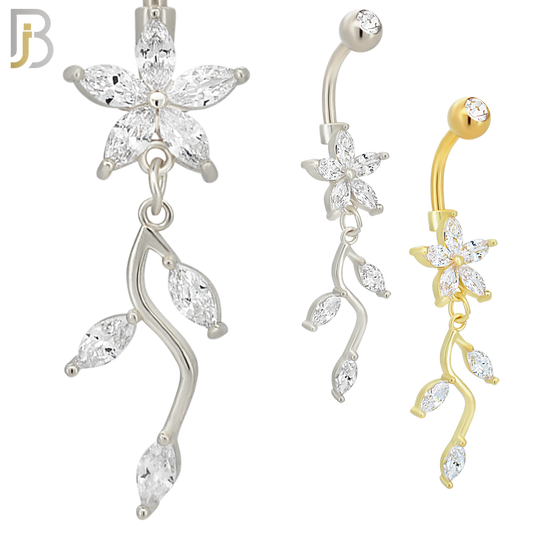 N0108  - 316L Stainless Steel Flower with Dangling Vine with Zircon Belly Ring image 0