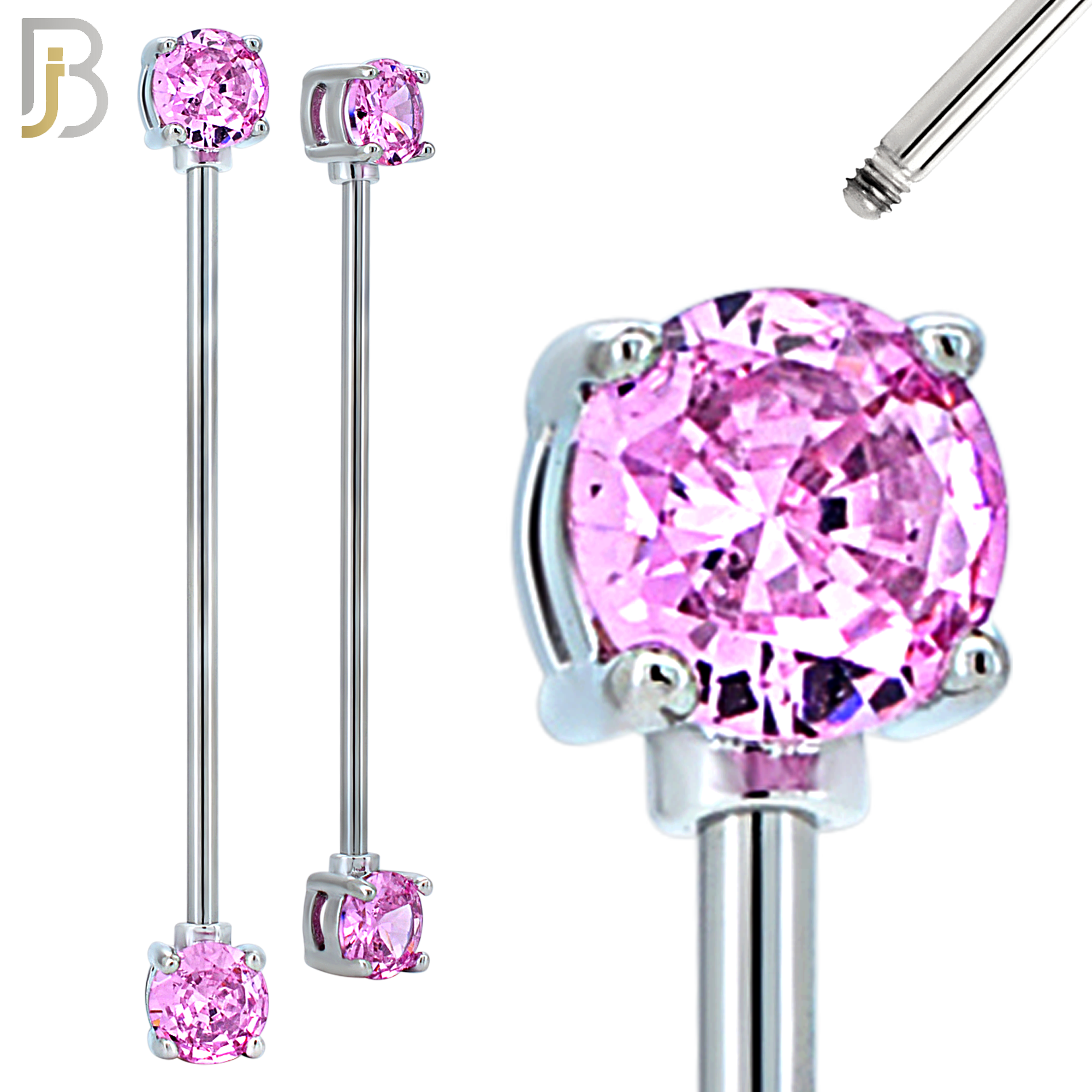 PK-BB37SM - 14g - 38mm - 6mm CZ - 316L Surgical Steel Industrial Barbell with CZ in Prong Setting External Threaded Pack of 16 image 3