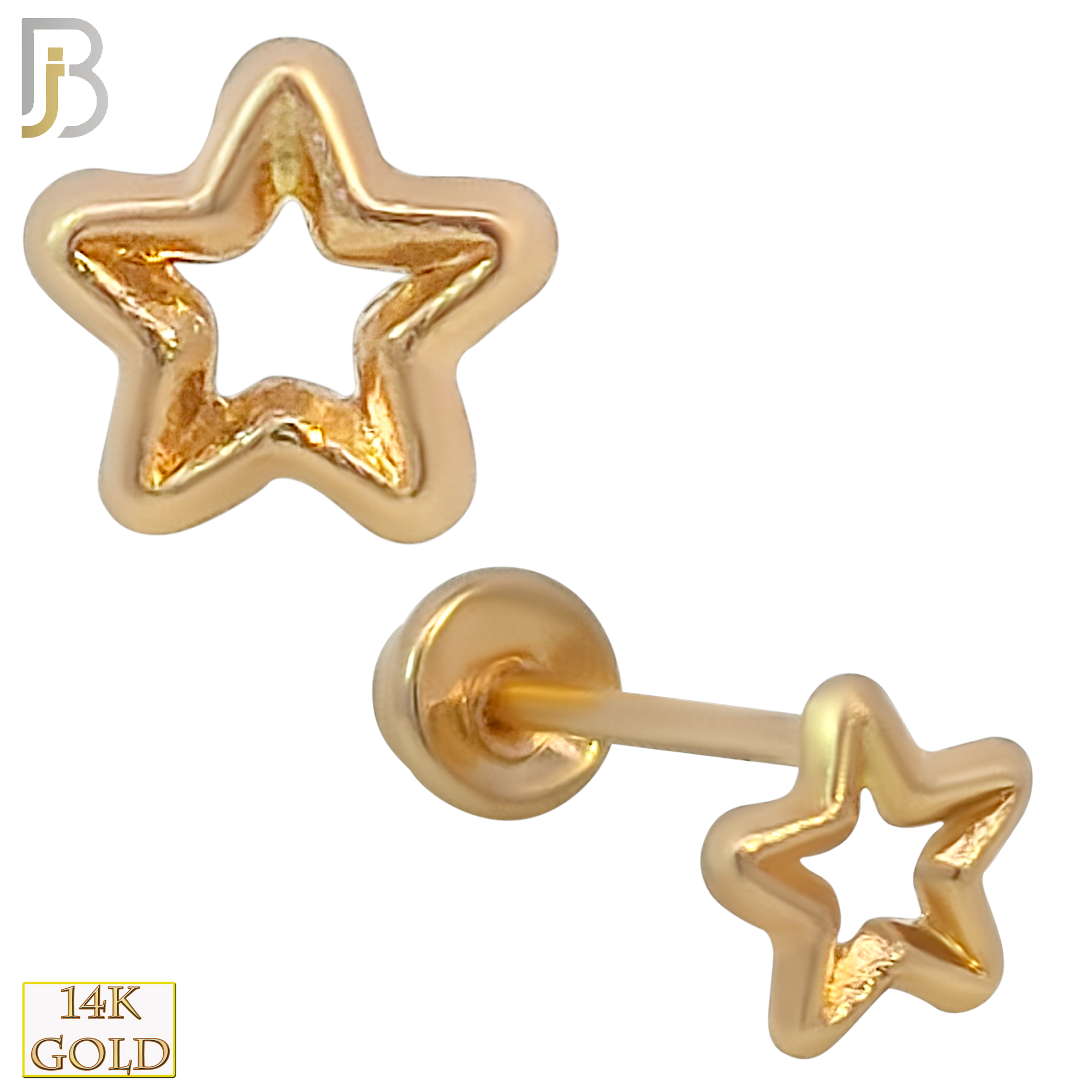 14k Solid Gold Hollow Star Stud Earrings - Screw Back image 0