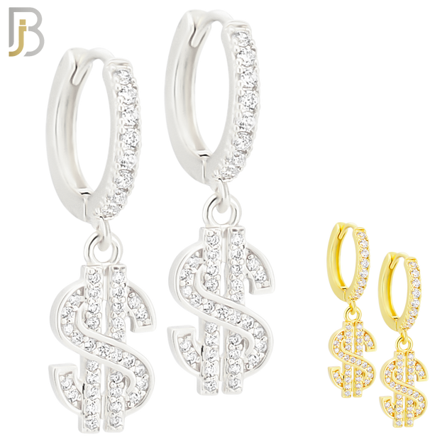 ES167 - 316L Stainless Steel Dangling Dollar Sign Zircon Design Huggies Clip On image 0