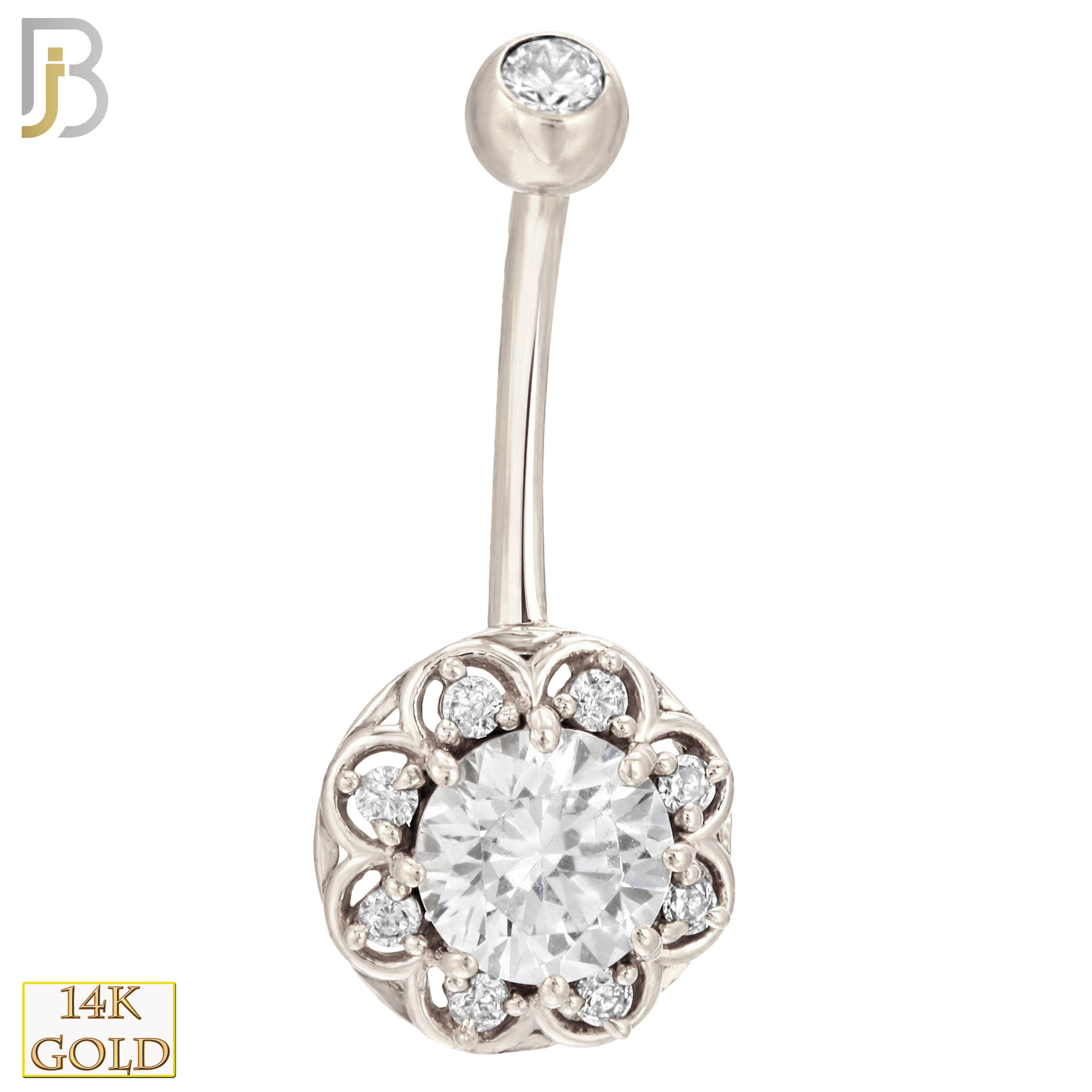 14-NB08 - 14k Solid Gold Banana Belly Ring with 10mm Flower Design image 1