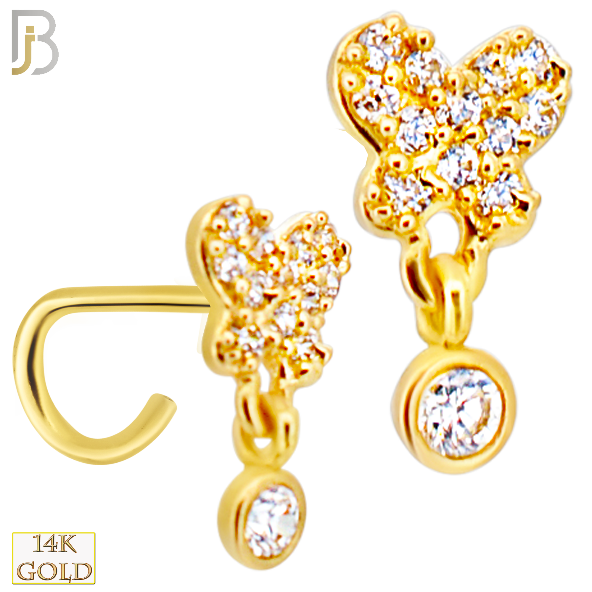 14-NR110C- 14k Yellow Gold CZ Studded Butterfly with  Dangling Round CZ in Bezel Setting Nose Screw image 0