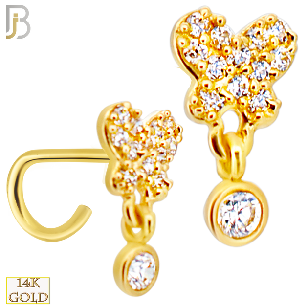 14-NR110C- 14k Yellow Gold CZ Studded Butterfly with  Dangling Round CZ in Bezel Setting Nose Screw image 0