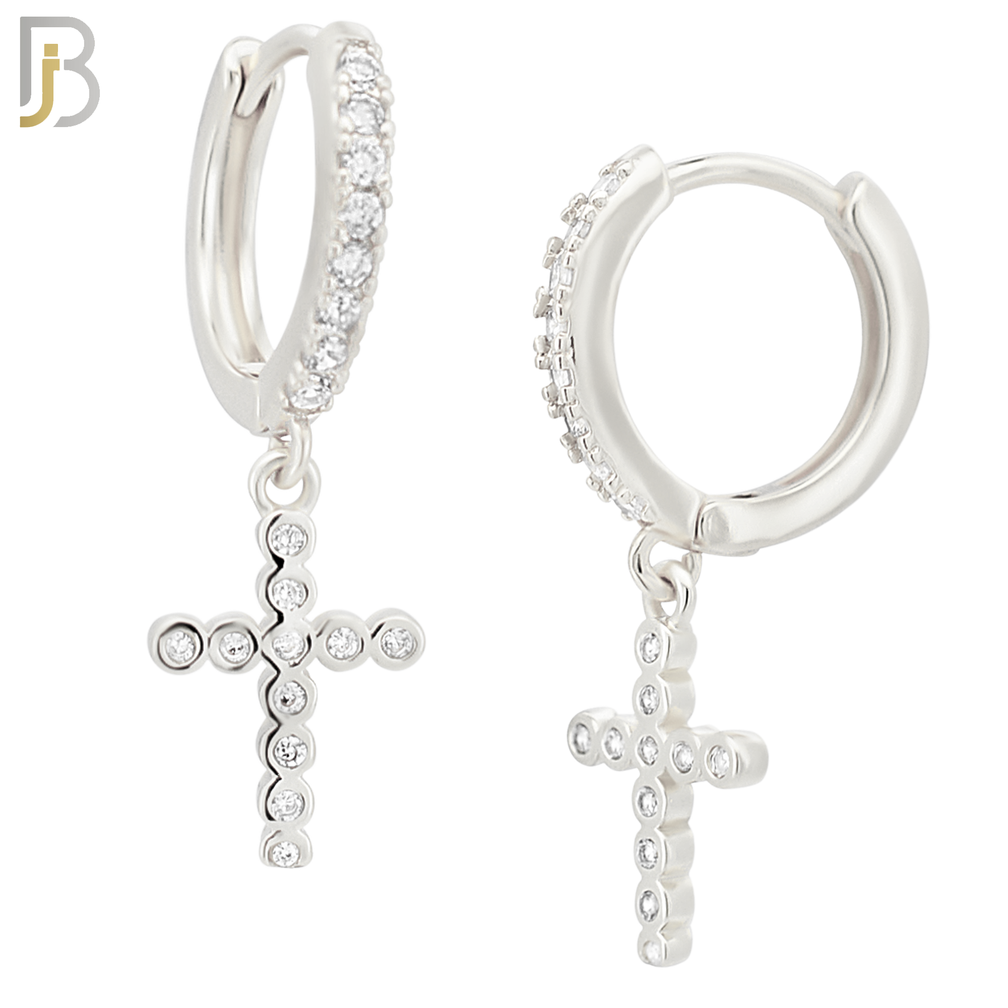 ES112 - 316L Stainless Steel Dangling Cross with Zircon Huggies Clip On image 1
