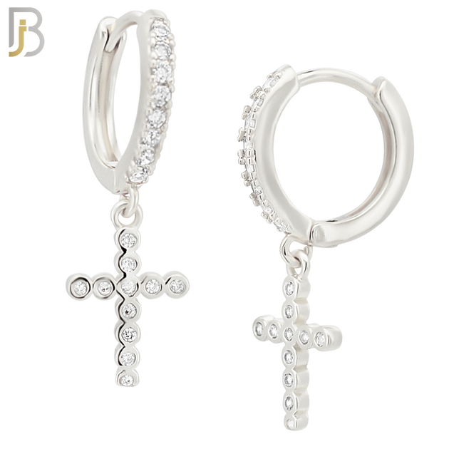 ES112 - 316L Stainless Steel Dangling Cross with Zircon Huggies Clip On image 1