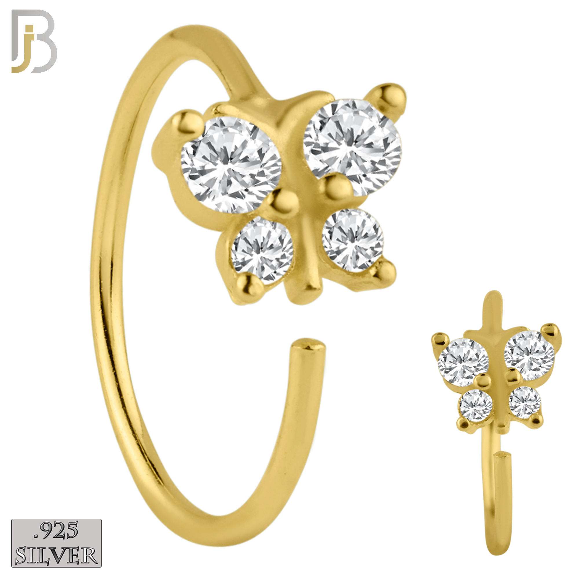 925-CT29 - 925 Sterling Silver Butterfly with CZ Design Nose Hoops 22g Thick 8mm wide (Pack of 6) image 1