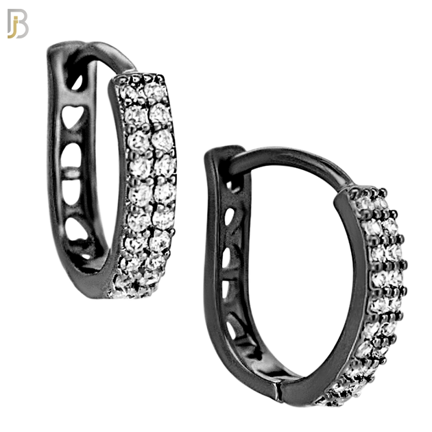 ES189 - 316L Surgical Steel Curved Hoop Earring with  Two Rows of Zircon CZ on One Side and Hollow Heart Design on Back Side image 3