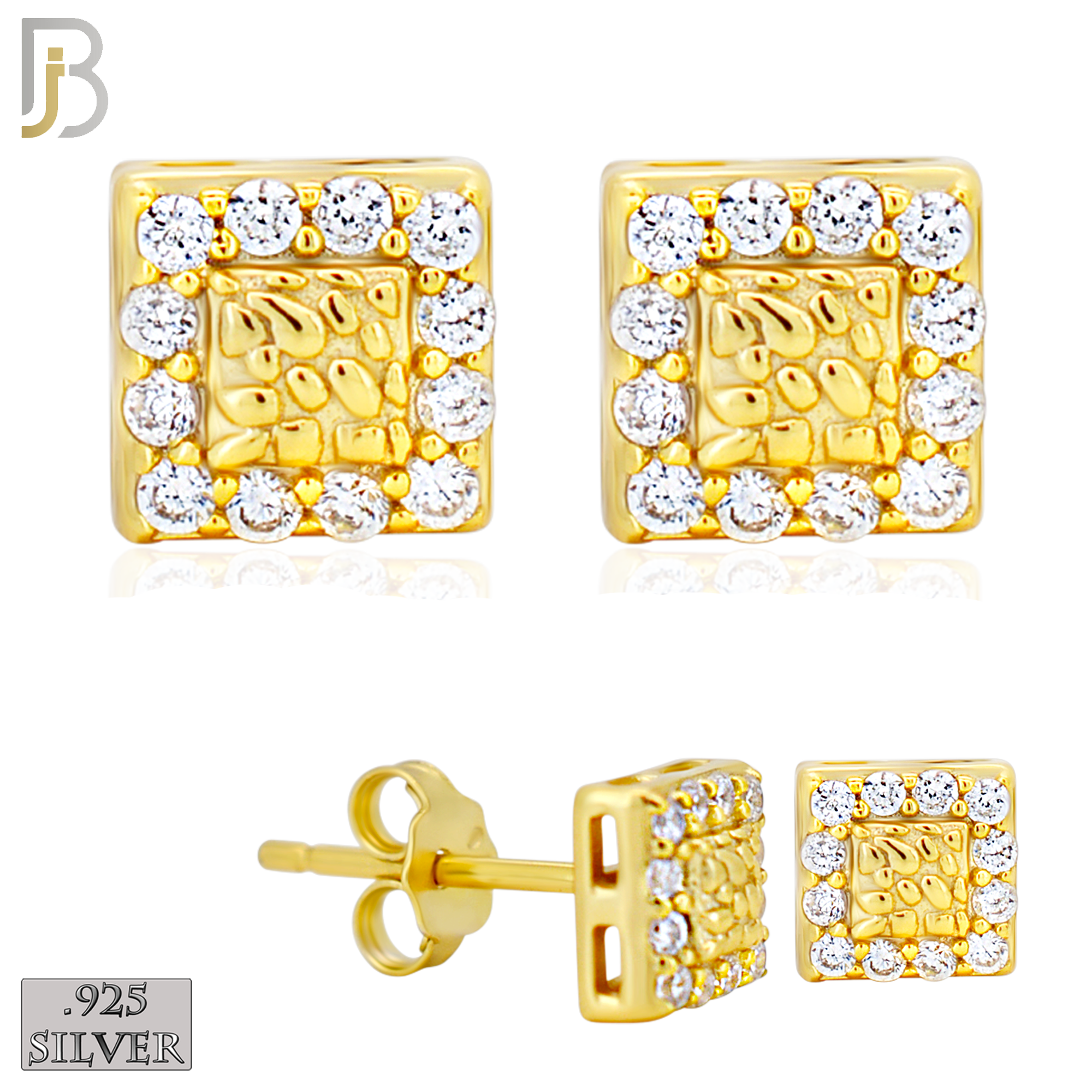 925-ES517 - 925 Sterling Silver Square with CZ Halo Nugget Push Back Earrings image 0