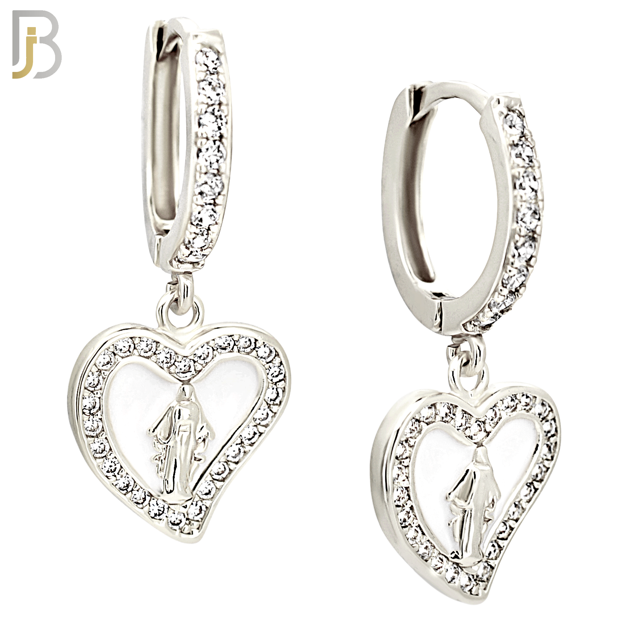 ES494 - 316L Stainless Steel Dangling Virgin Mary in Heart Huggies Earrings image 1