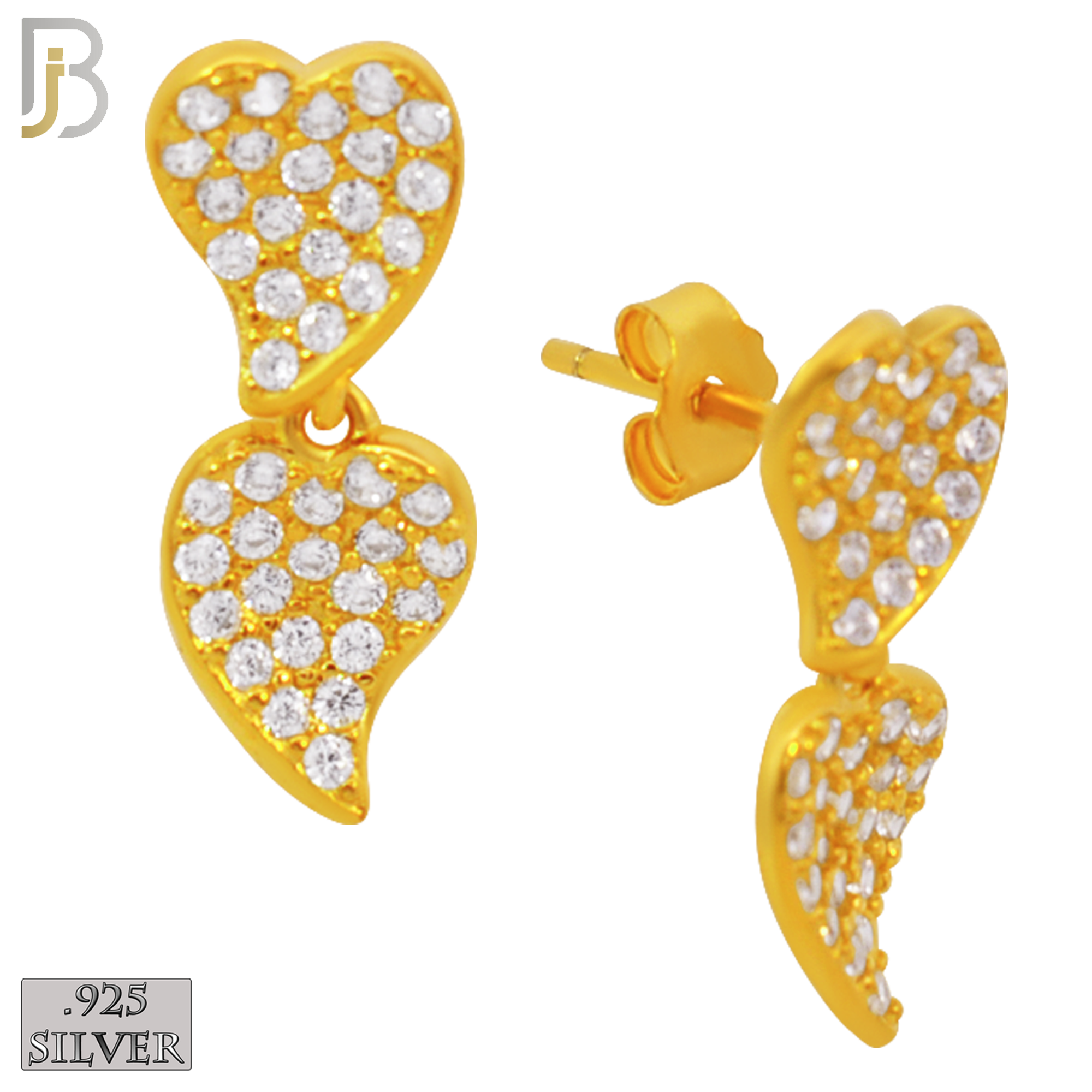 925-ES304 - .925 Sterling Silver Double Heart with Zircon Design Stud Earrings image 2
