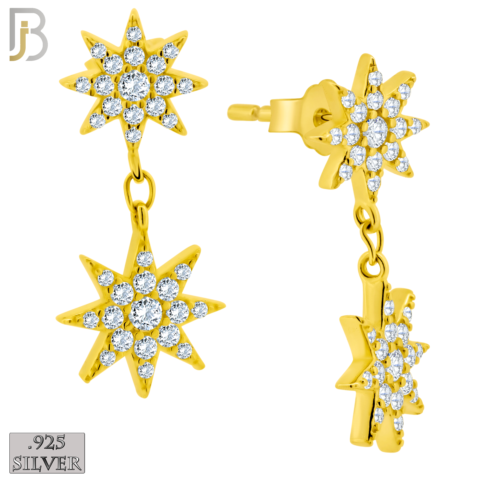 925-ES359 - .925 Sterling Silver Dangling Double Starburst with CZ Stud Earrings image 2