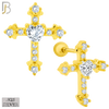 925-ES269 - Screw Ball Back - .925 Sterling Silver Cross with Prong Set Heart Shaped Zircon Center Stone Earrings Stud image 2