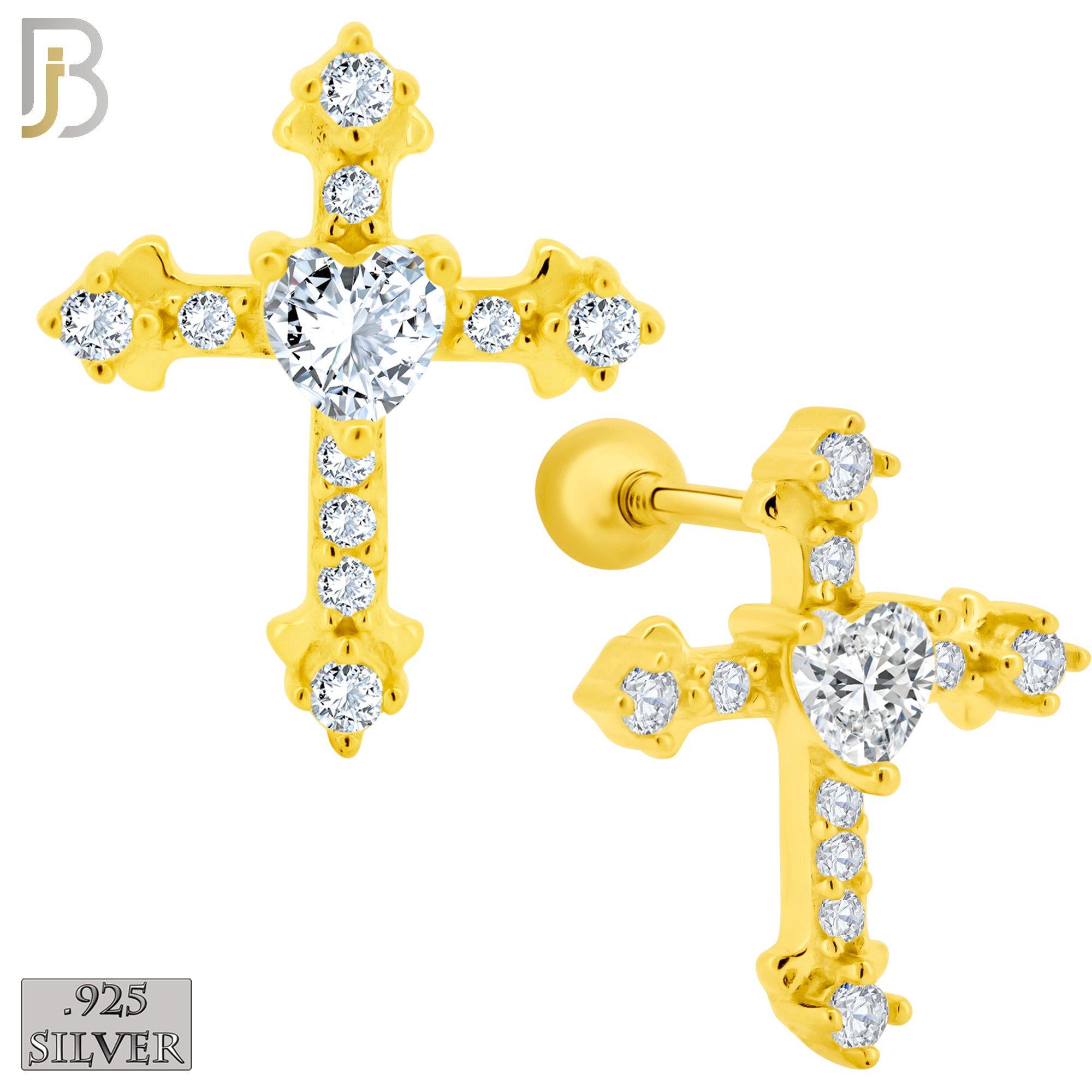 925-ES269 - Screw Ball Back - .925 Sterling Silver Cross with Prong Set Heart Shaped Zircon Center Stone Earrings Stud image 2